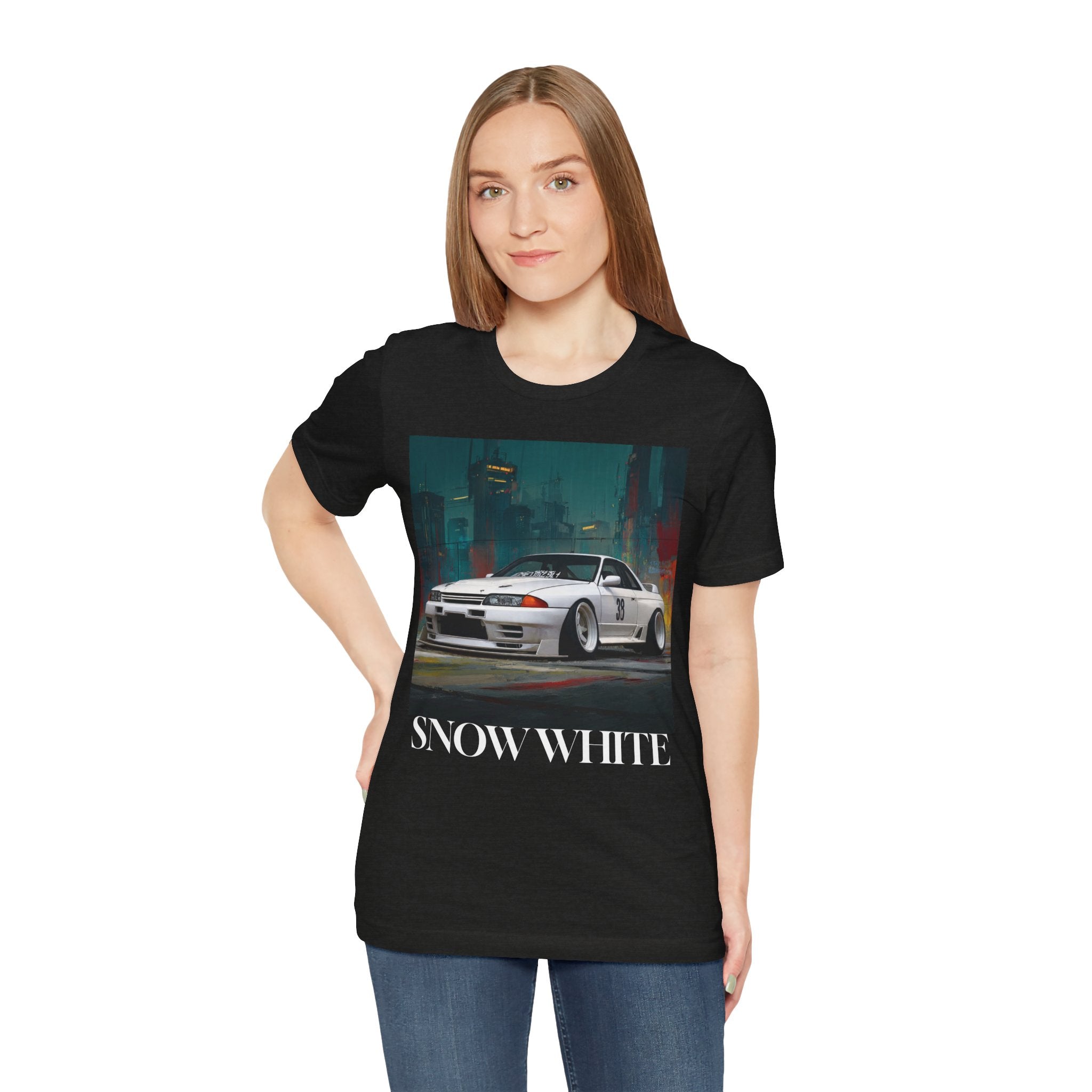 Snow White Skyline Car Tee — JDM Retro Sports Car Graphic T-Shirt