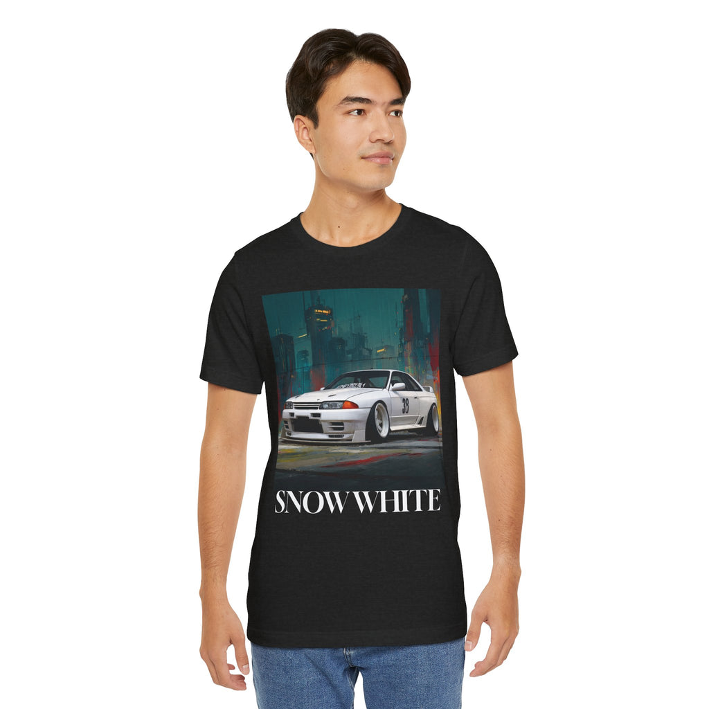 Snow White Skyline Car Tee — JDM Retro Sports Car Graphic T-Shirt