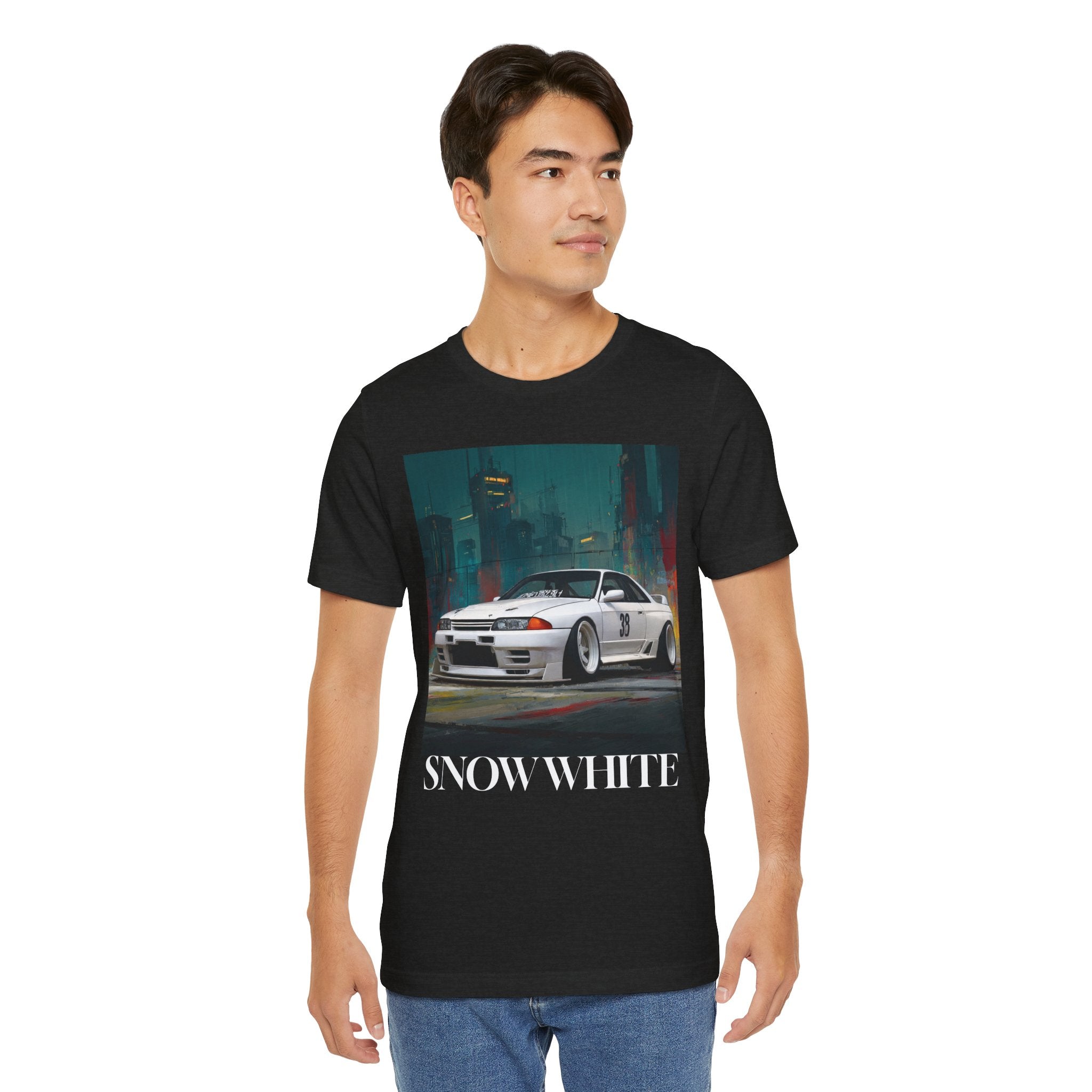Snow White Skyline Car Tee — JDM Retro Sports Car Graphic T-Shirt
