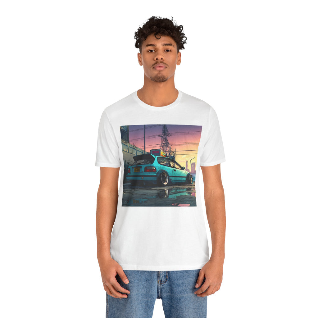 Retro Sunset Civic EG Hatchback Tee — Vaporwave Car Graphic T-Shirt