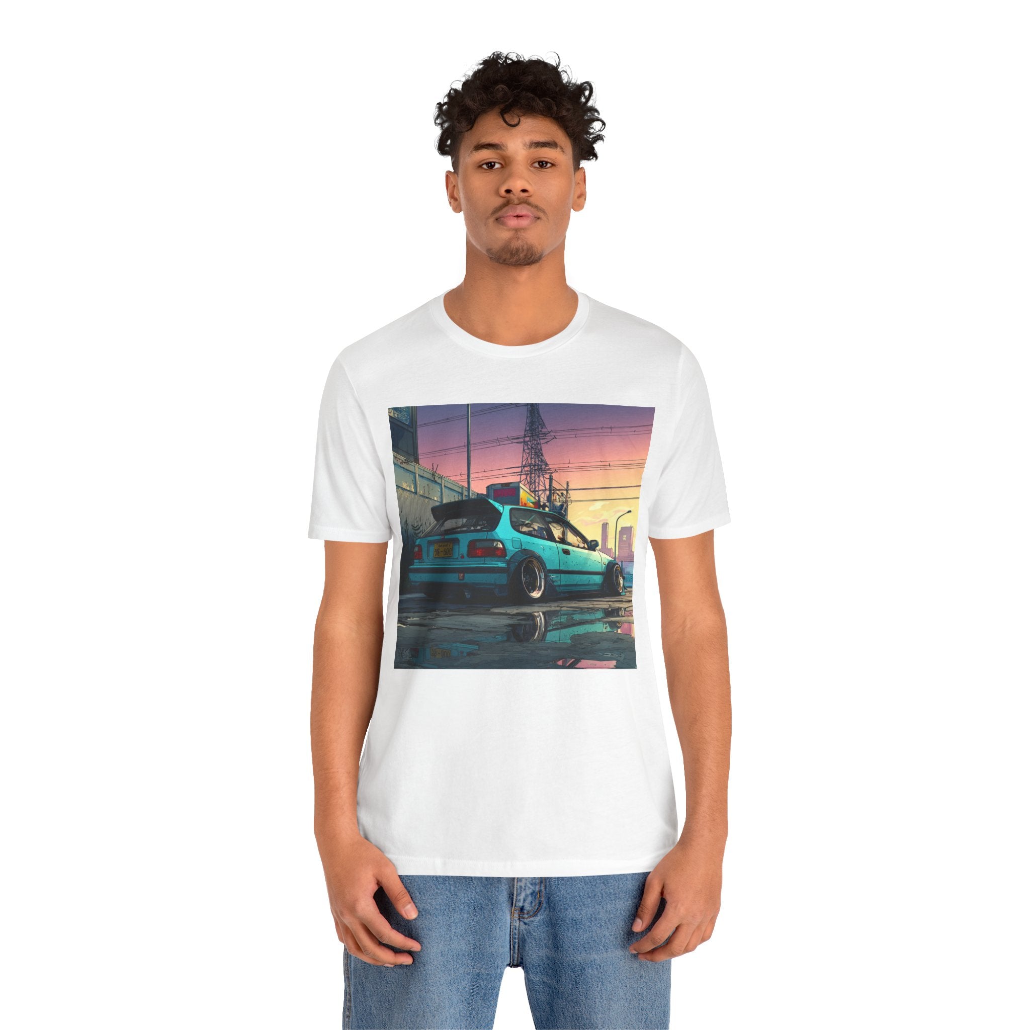 Retro Sunset Civic EG Hatchback Tee — Vaporwave Car Graphic T-Shirt
