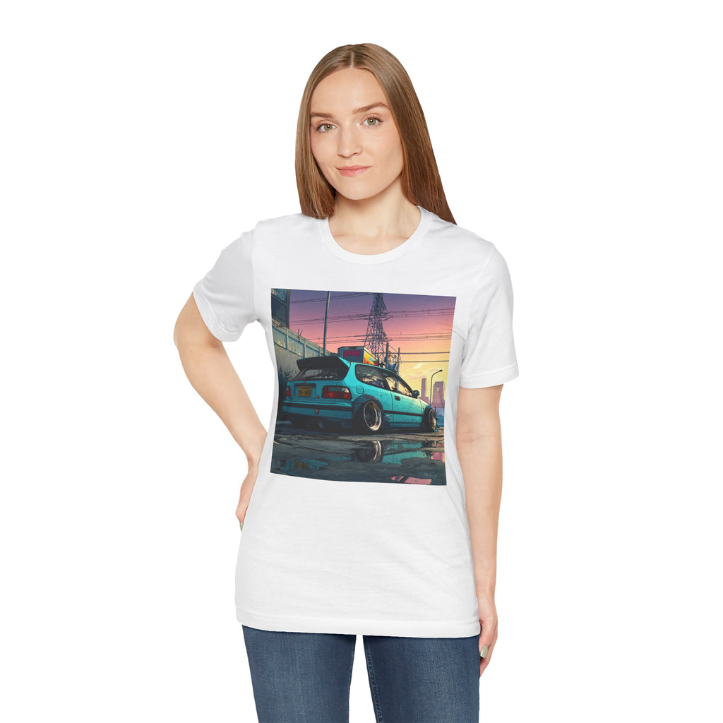 Retro Sunset Civic EG Hatchback Tee — Vaporwave Car Graphic T-Shirt
