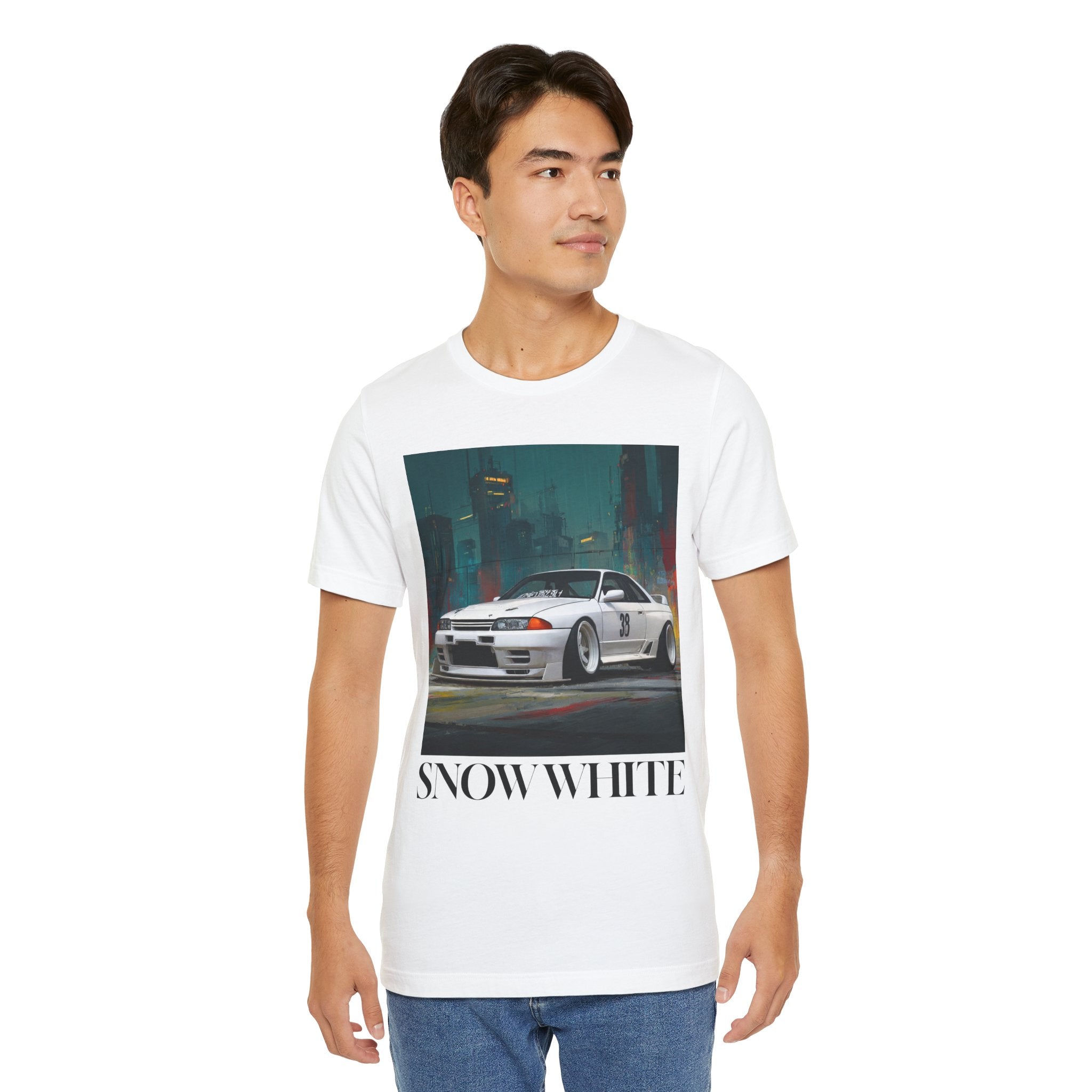 Snow White Skyline Car Tee — Retro Japanese JDM Sports Car Graphic T‑Shirt