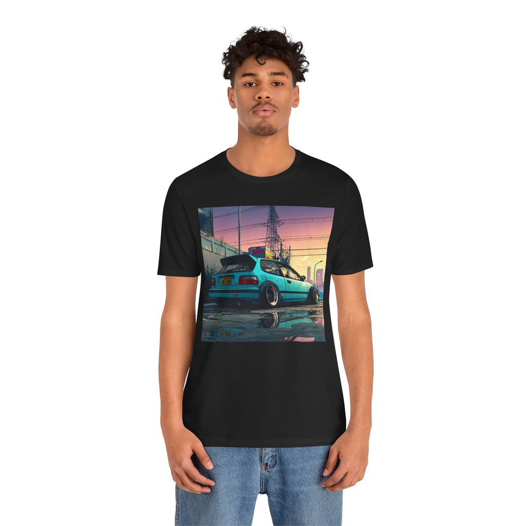Retro Sunset Civic EG Hatchback Tee — Vaporwave Car Graphic T-Shirt