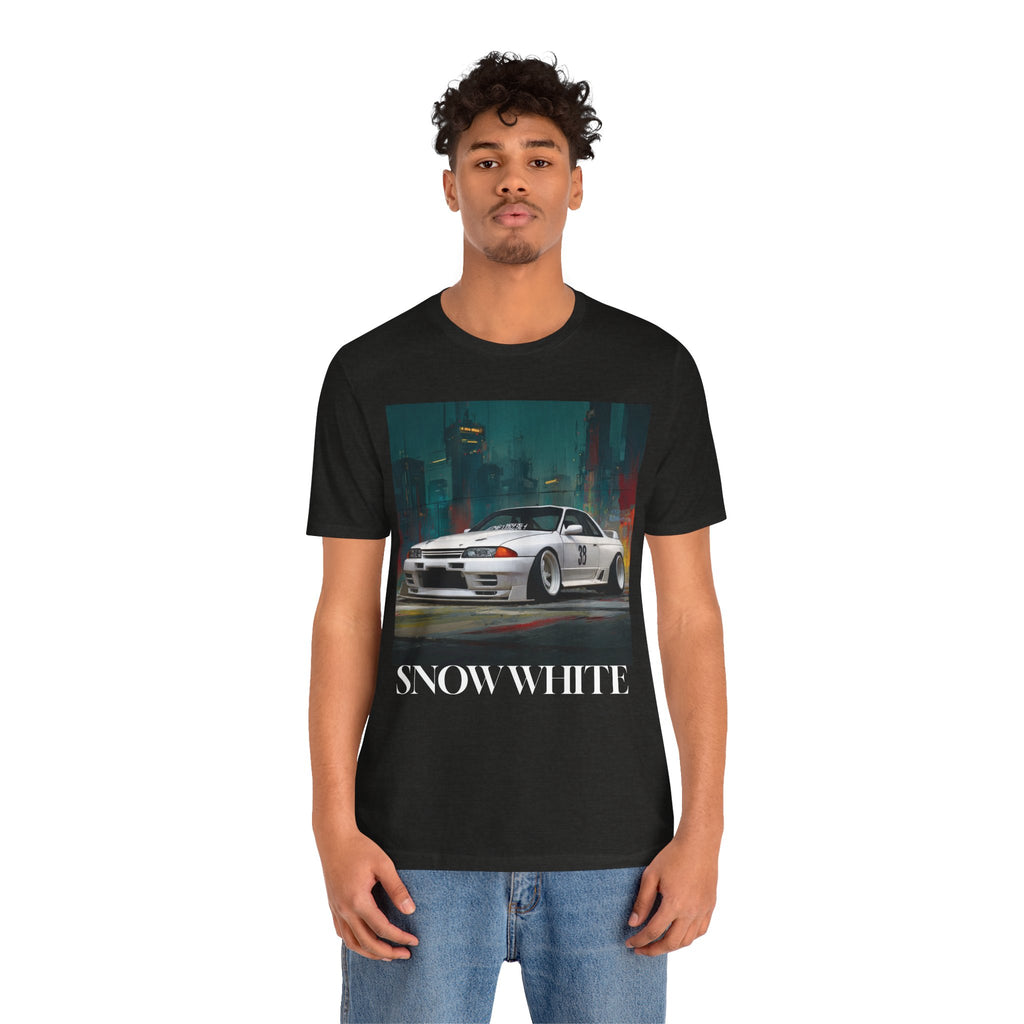 Snow White Skyline Car Tee — JDM Retro Sports Car Graphic T-Shirt
