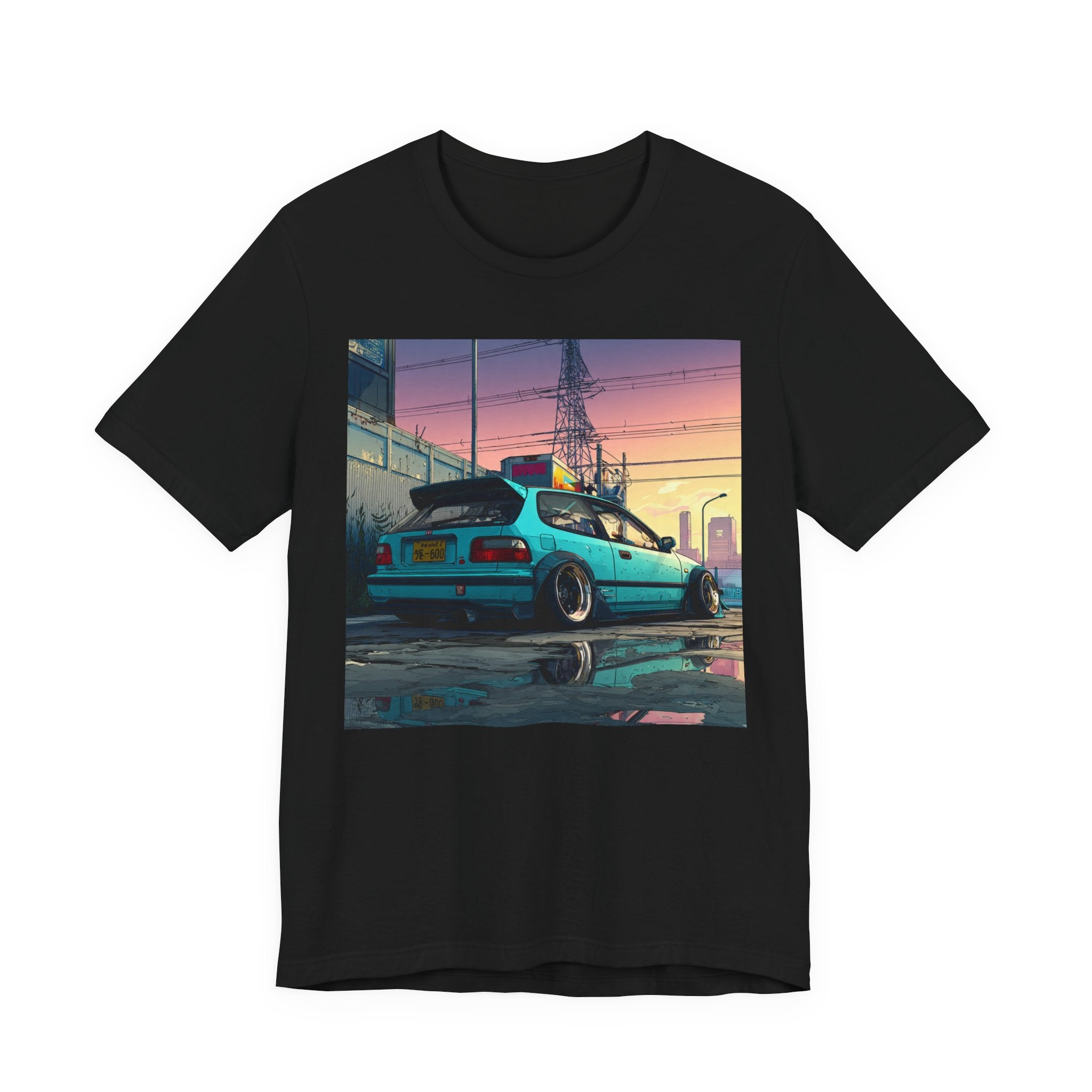 Retro Sunset Civic EG Hatchback Tee — Vaporwave Car Graphic T-Shirt