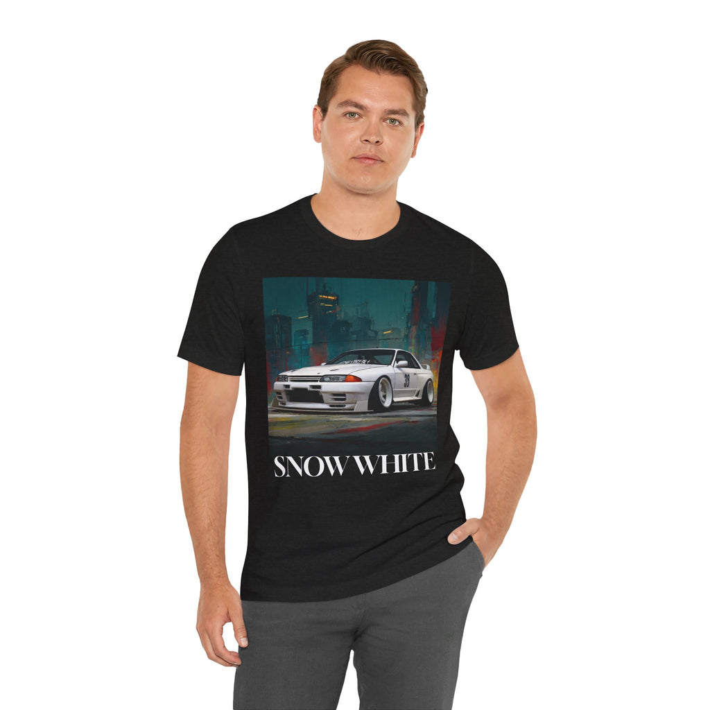 Snow White Skyline Car Tee — JDM Retro Sports Car Graphic T-Shirt