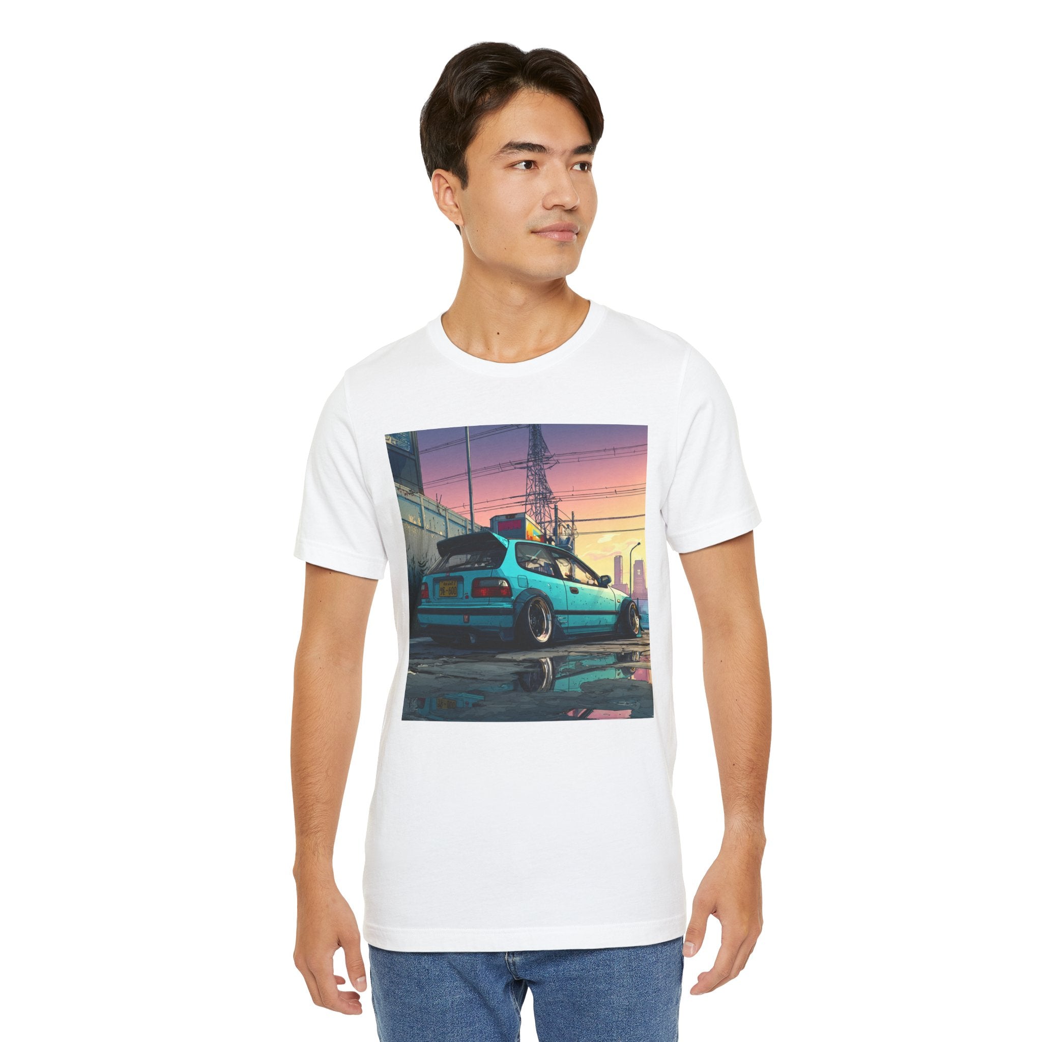 Retro Sunset Civic EG Hatchback Tee — Vaporwave Car Graphic T-Shirt
