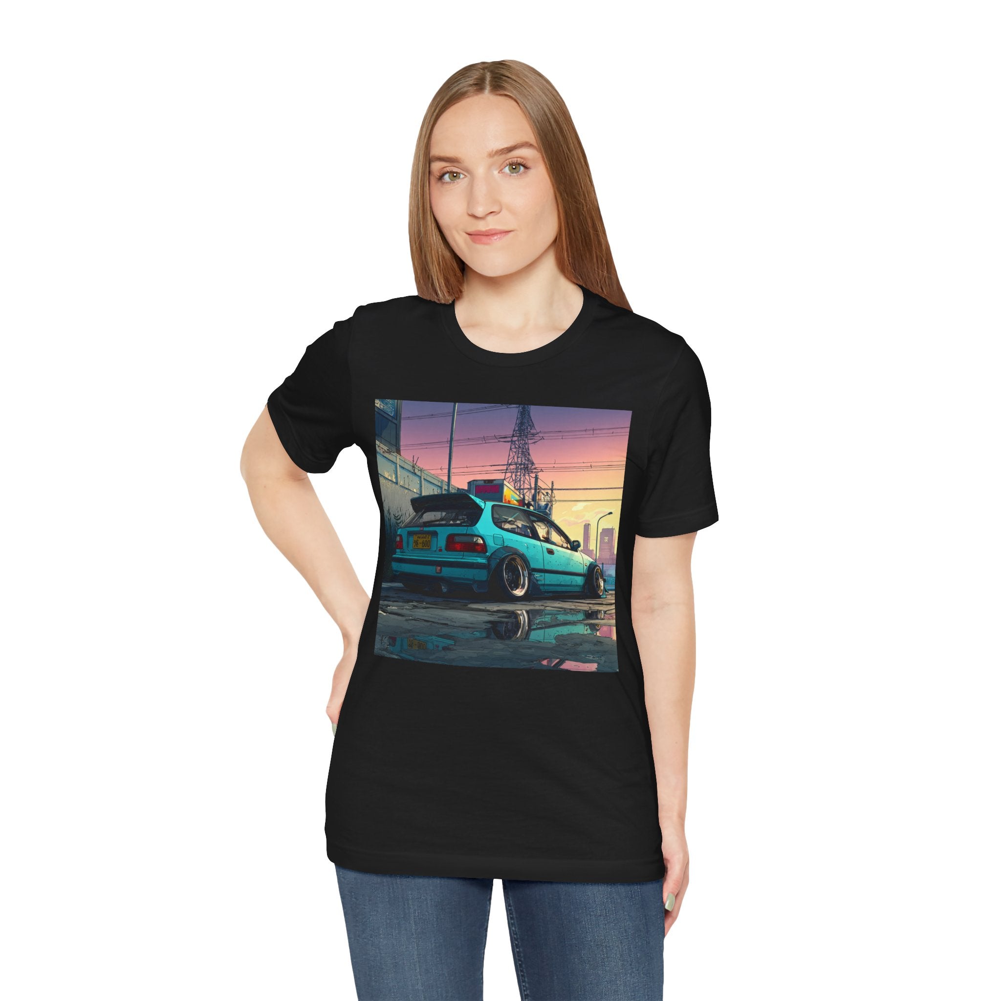 Retro Sunset Civic EG Hatchback Tee — Vaporwave Car Graphic T-Shirt