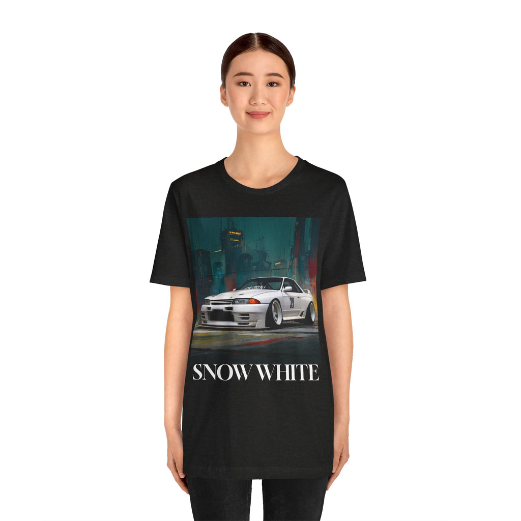 Snow White Skyline Car Tee — JDM Retro Sports Car Graphic T-Shirt