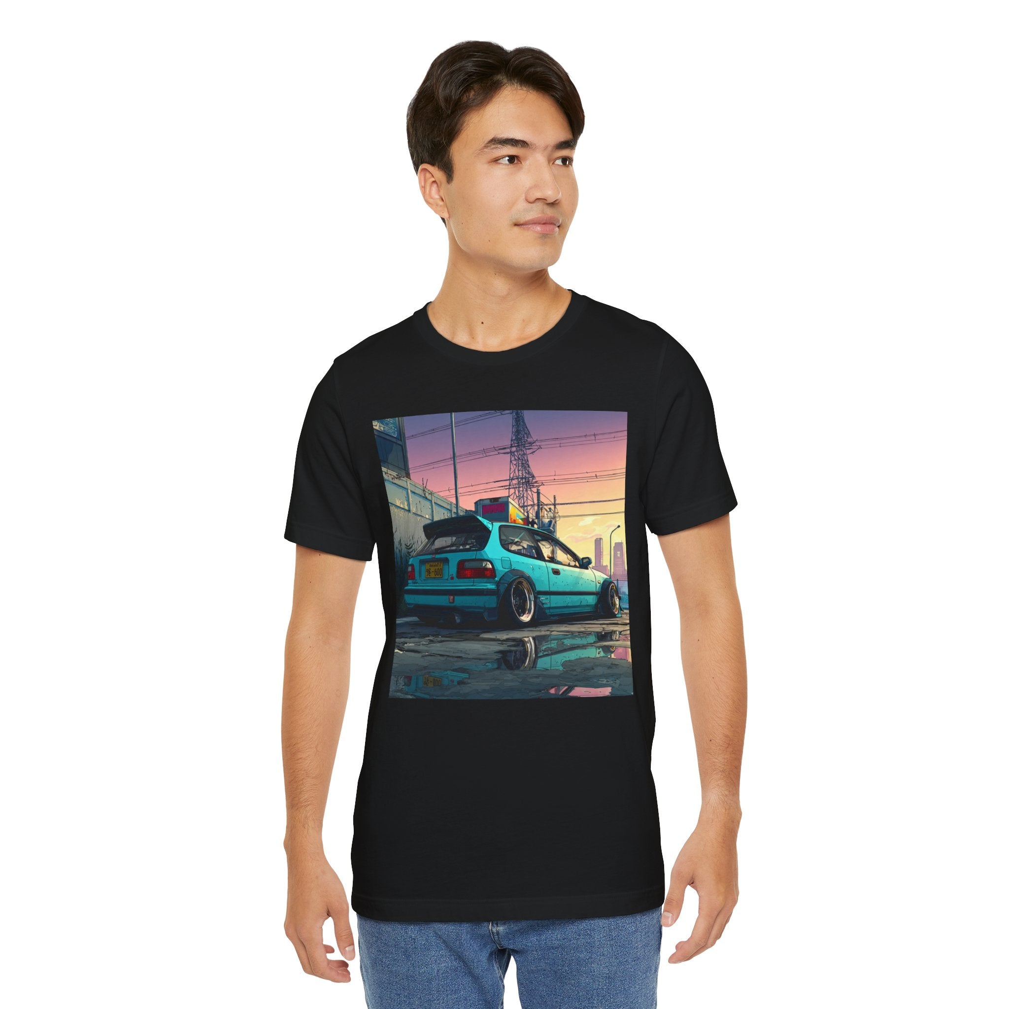 Retro Sunset Civic EG Hatchback Tee — Vaporwave Car Graphic T-Shirt