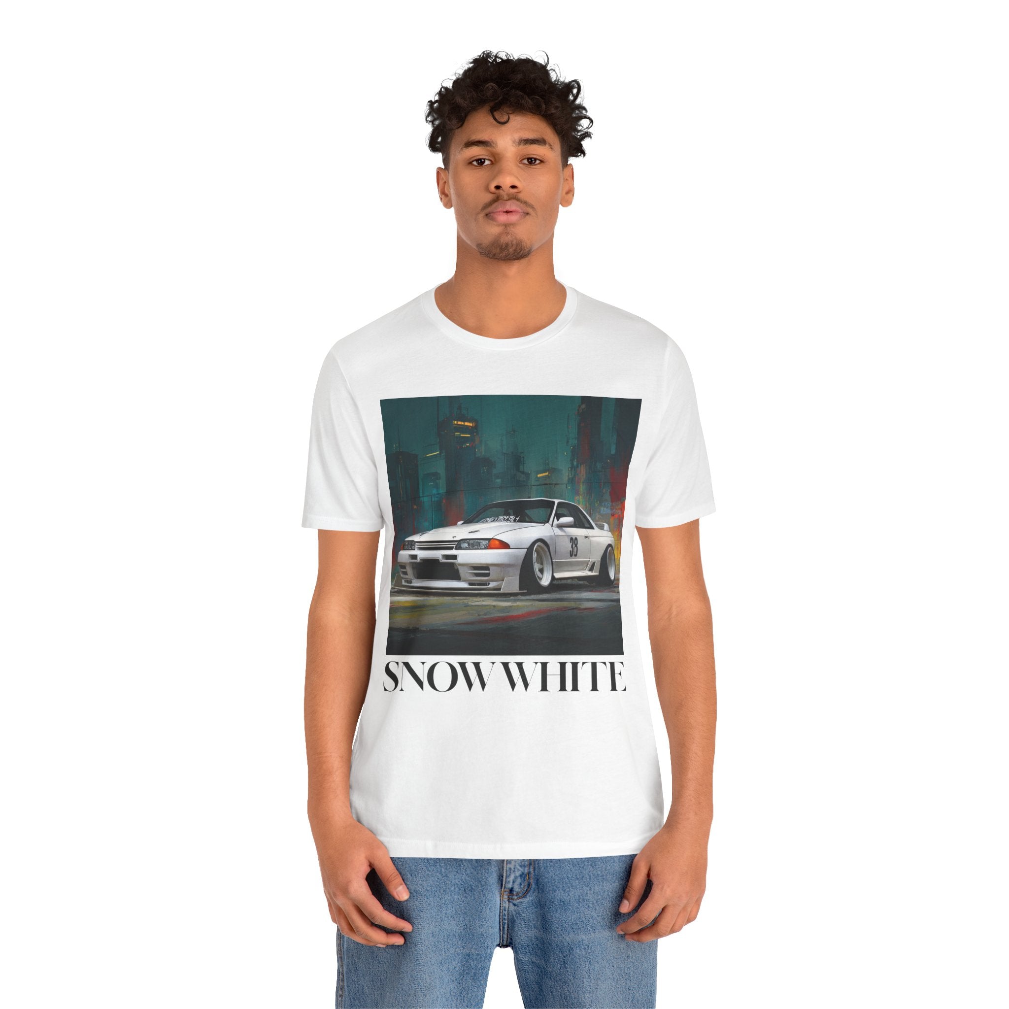 Snow White Skyline Car Tee — Retro Japanese JDM Sports Car Graphic T‑Shirt