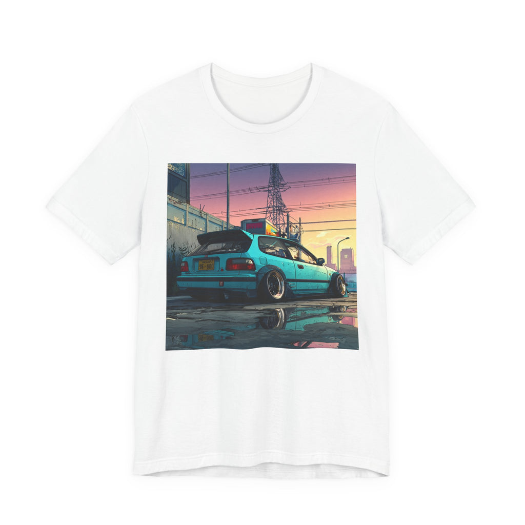Retro Sunset Civic EG Hatchback Tee — Vaporwave Car Graphic T-Shirt