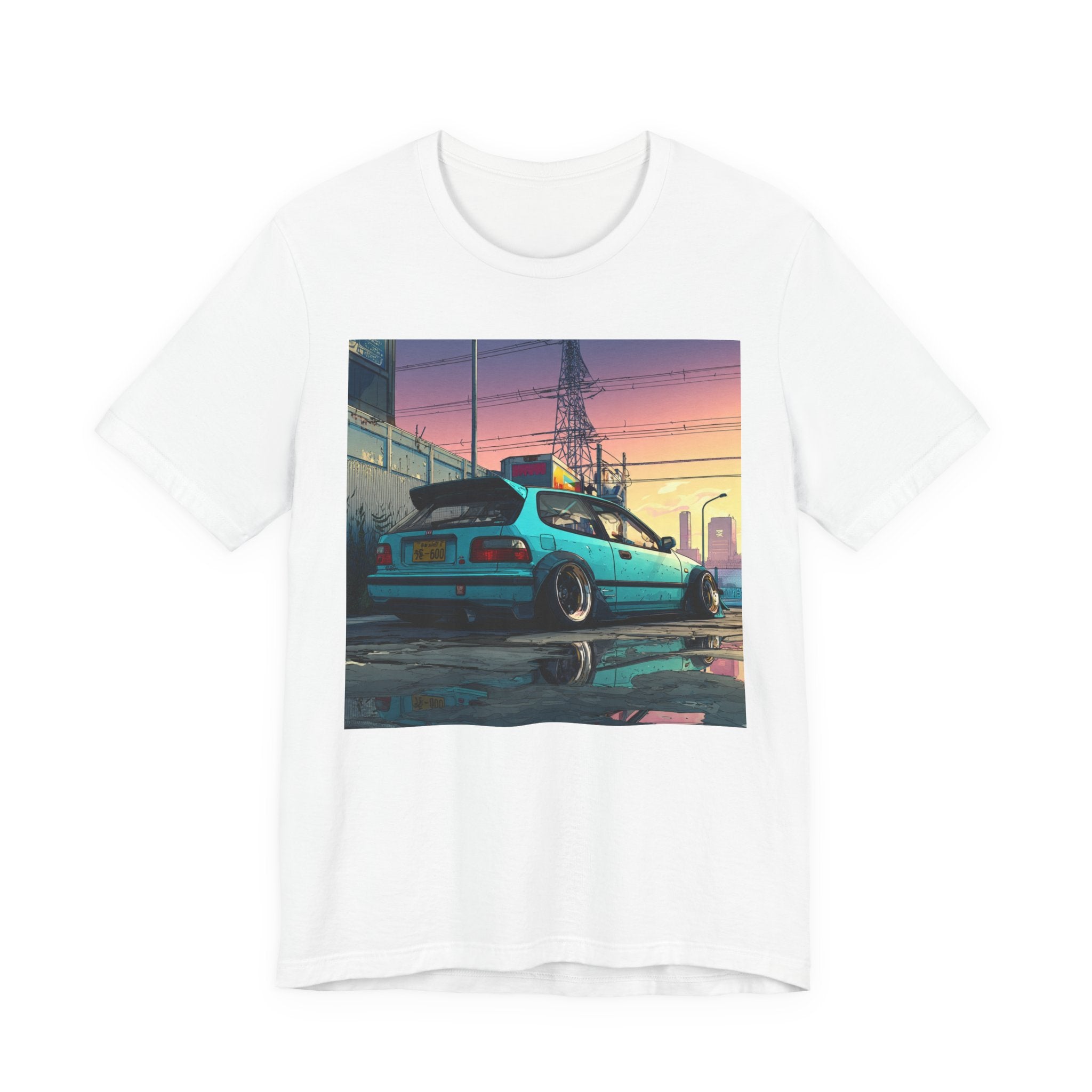 Retro Sunset Civic EG Hatchback Tee — Vaporwave Car Graphic T-Shirt