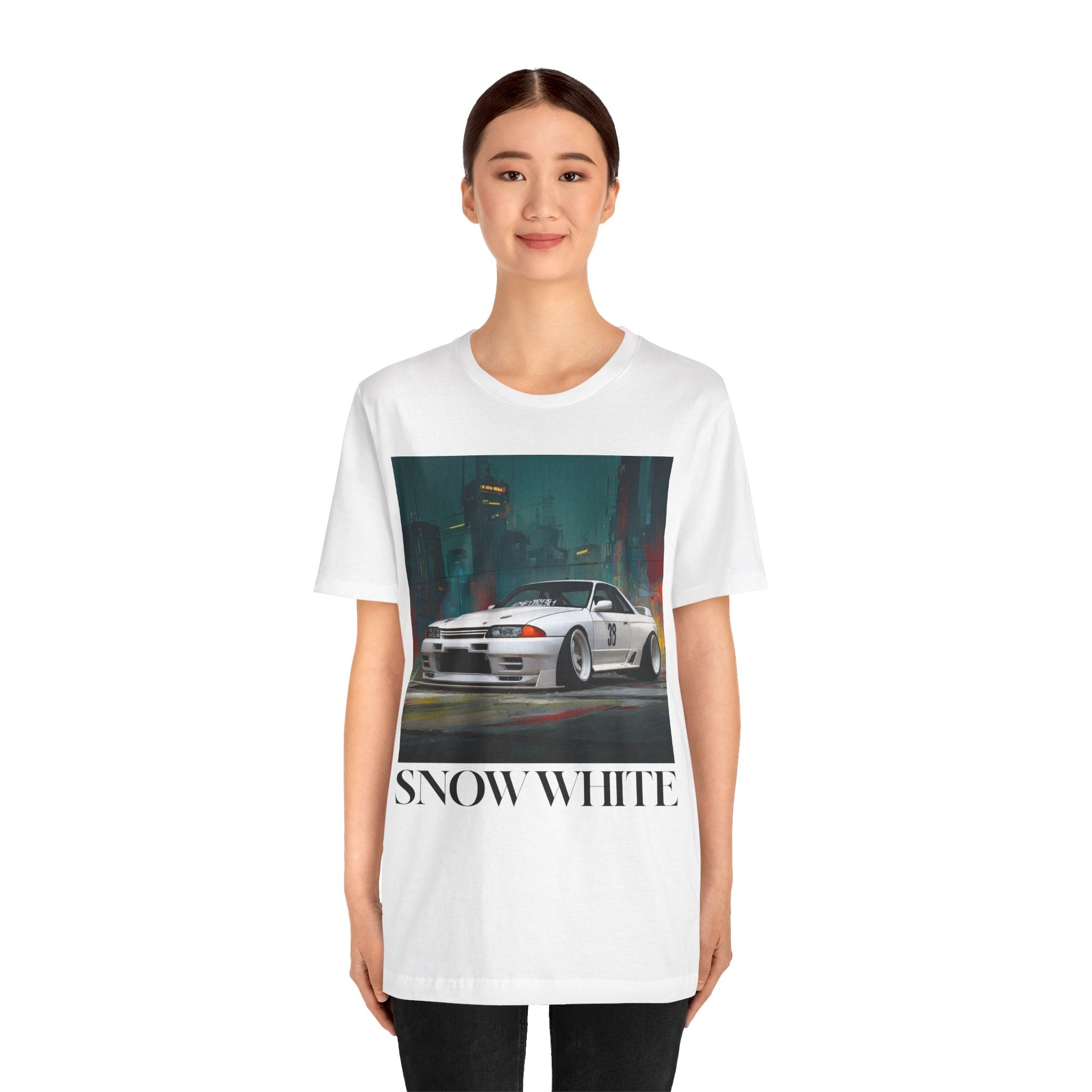 Snow White Skyline Car Tee — Retro Japanese JDM Sports Car Graphic T‑Shirt